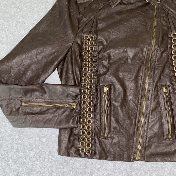 Andrew Charles Moto Jacket‎ XS Brown Faux Leather Chain Detail Asymmetrical Zip - Picture 3 of 15